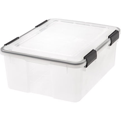 Six clear Emery Jensen storage boxes, 30-quart totes, with secure lids for organizing and storing household items.