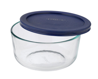Set of four Emery Jensen PYREX glass round ovenware dishes with lids, ideal for baking and storage.