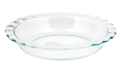 Set of six Emery Jensen glass ovenware easy grab pie plates with handles for baking and serving desserts or savory pies.