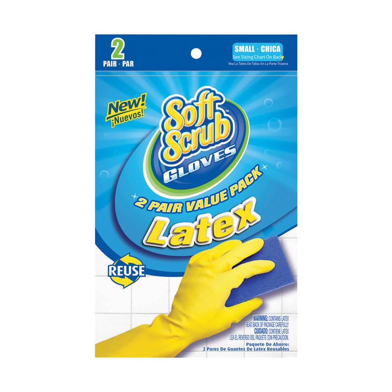 Pack of 6 Emery Jensen CLN GLOVE LTX S YL cleaning gloves, yellow, made for household cleaning tasks, shown in the image.