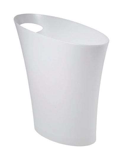 Set of six Emery Jensen skinny white wastebaskets, slim home trash containers with a sleek design, ideal for office or bathroom use.