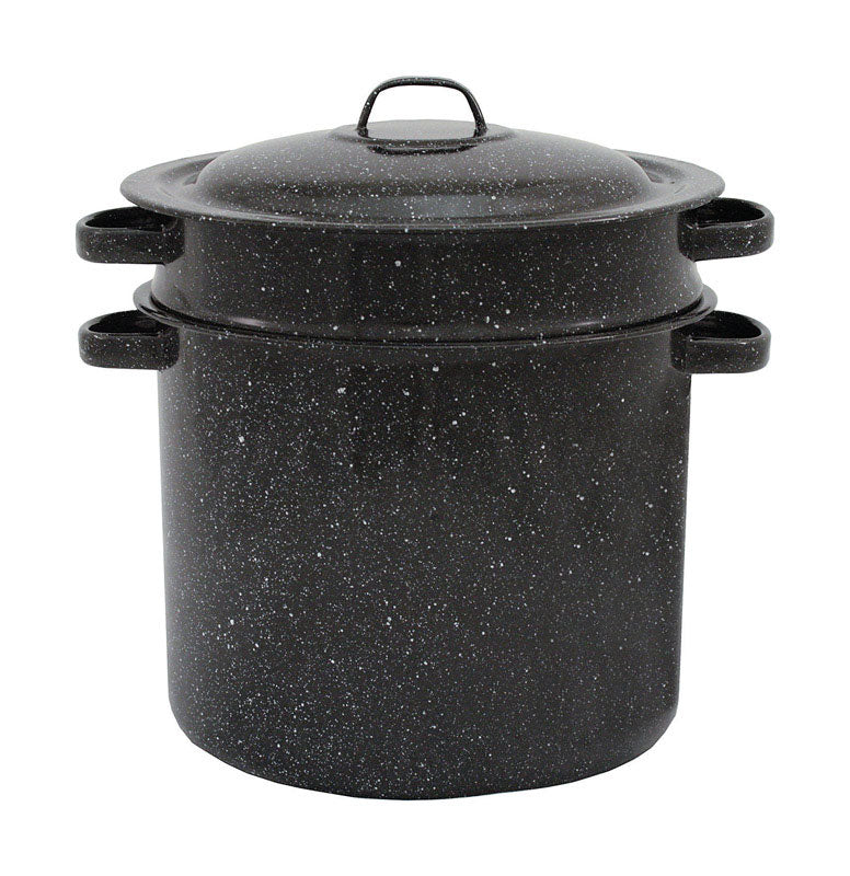 Set of four black graniteware baking pans by Emery Jensen, 7.5-quart size, with sturdy handles and textured surface.