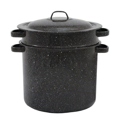 Set of four black graniteware baking pans by Emery Jensen, 7.5-quart size, with sturdy handles and textured surface.