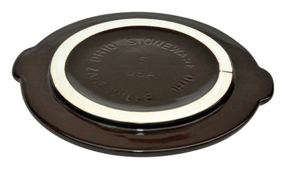 Pair of Emery Jensen 5-gallon stoneware canning crocks with lids, showcasing durable ceramic construction and traditional design.