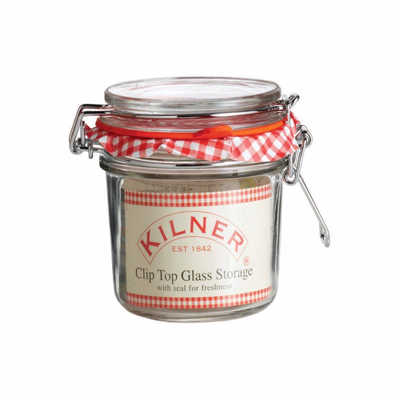 Set of four Emery Jensen 12 oz round clip top canning jars with metal lids, perfect for preserving and storing food.