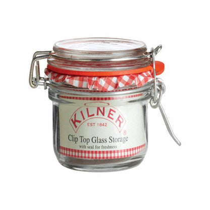 Set of 12 Emery Jensen round clip top canning jars, 4 oz glass jars with metal clips for preserving food and storing small items.