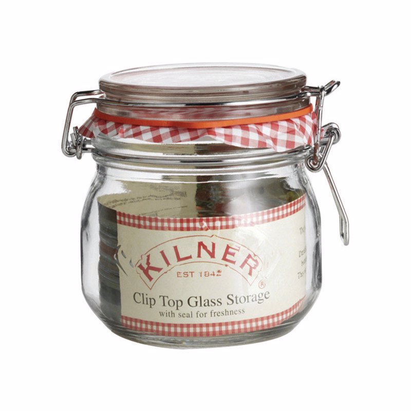 Set of four Emery Jensen round clip top canning jars, 17 oz capacity, with glass lids for preserving and storage.