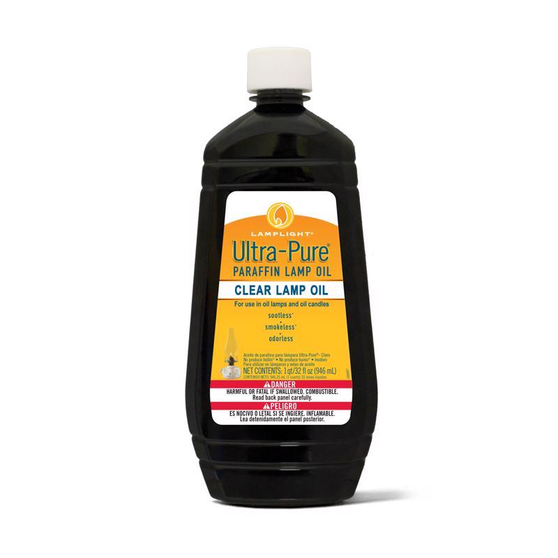 Emery Jensen Clear Ultra Pure Oil 32oz for oil lamps, showing a bottle with a transparent label and cylindrical shape.