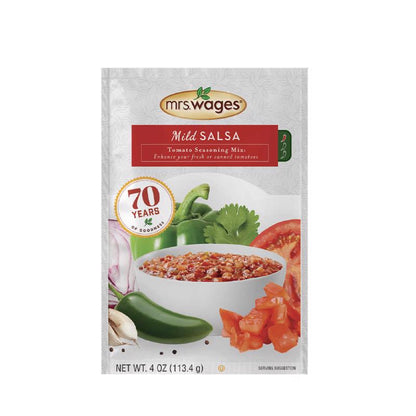 Emery Jensen Mild Salsa Tomato Mix in 4oz packs, showing colorful tomato blend and spice mix for flavorful salsa preparation.