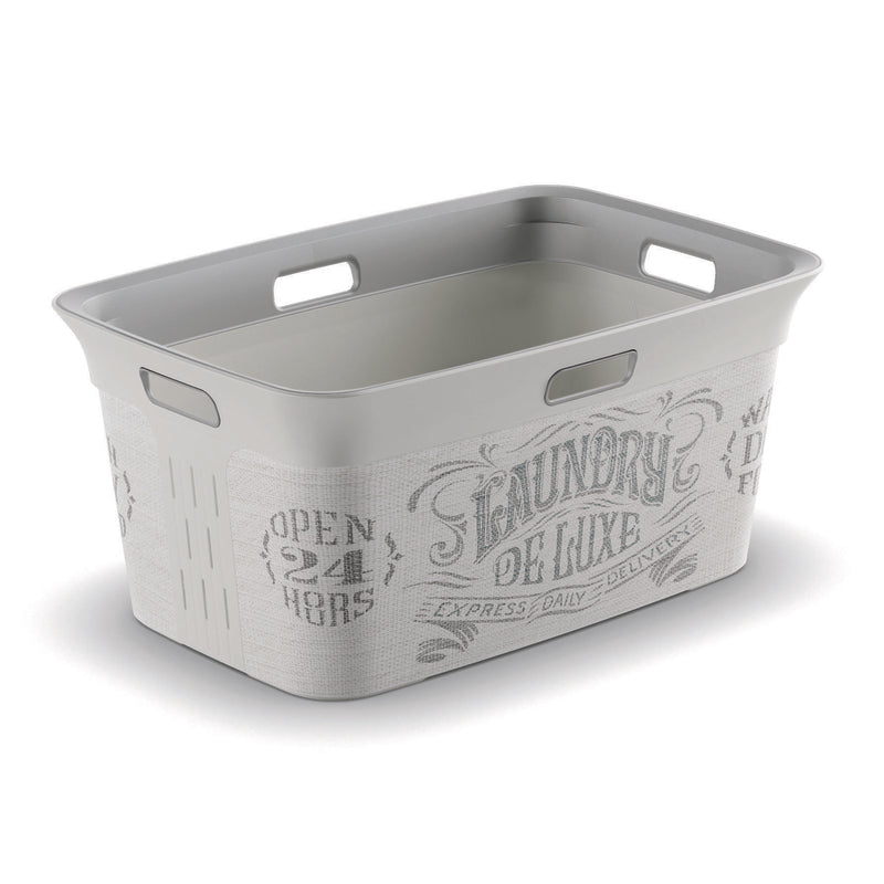 Set of four gray Emery Jensen laundry baskets, 23-inch size, durable plastic hampers for organizing laundry.