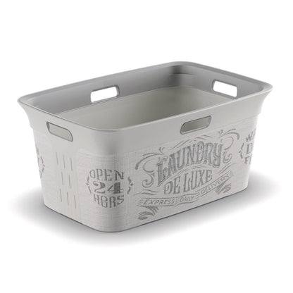 Set of four gray Emery Jensen laundry baskets, 23-inch size, durable plastic hampers for organizing laundry.