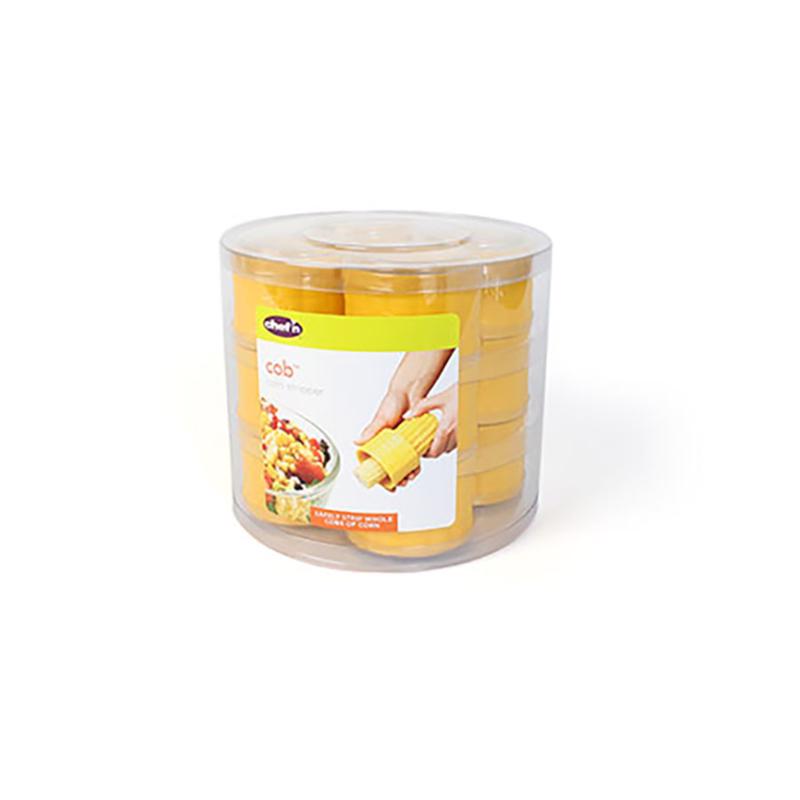 Yellow corn stripper gadget by Emery Jensen, shown in a pack of 12, designed for easy corn kernel removal.