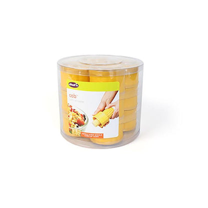 Yellow corn stripper gadget by Emery Jensen, shown in a pack of 12, designed for easy corn kernel removal.