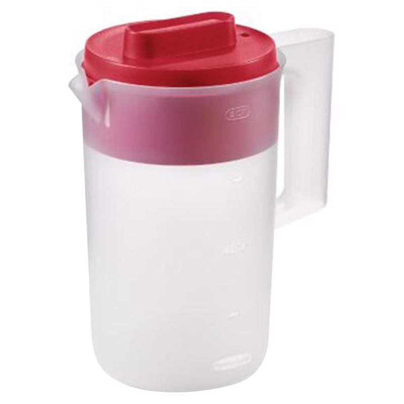 Two clear red 2-quart plastic pitchers from Emery Jensen, ideal for serving beverages at gatherings.