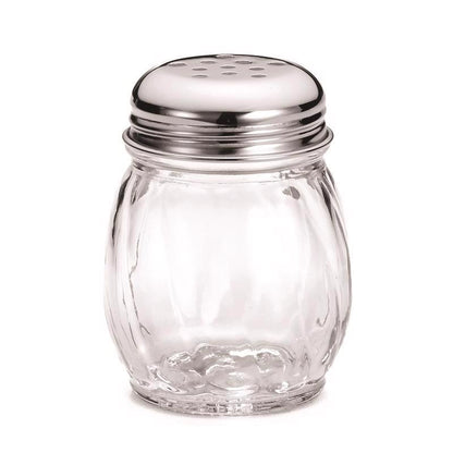 Emery Jensen 6oz cheese and spice shaker set, 12-pack of specialty gadgets with stainless steel lids and clear containers.