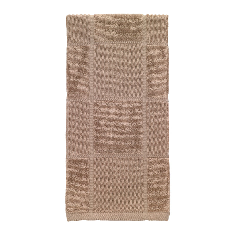 Set of six Emery Jensen kitchen towels in sand color, featuring soft fabric and woven texture, ideal for kitchen use and drying.