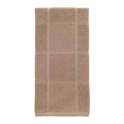 Set of six Emery Jensen kitchen towels in sand color, featuring soft fabric and woven texture, ideal for kitchen use and drying.