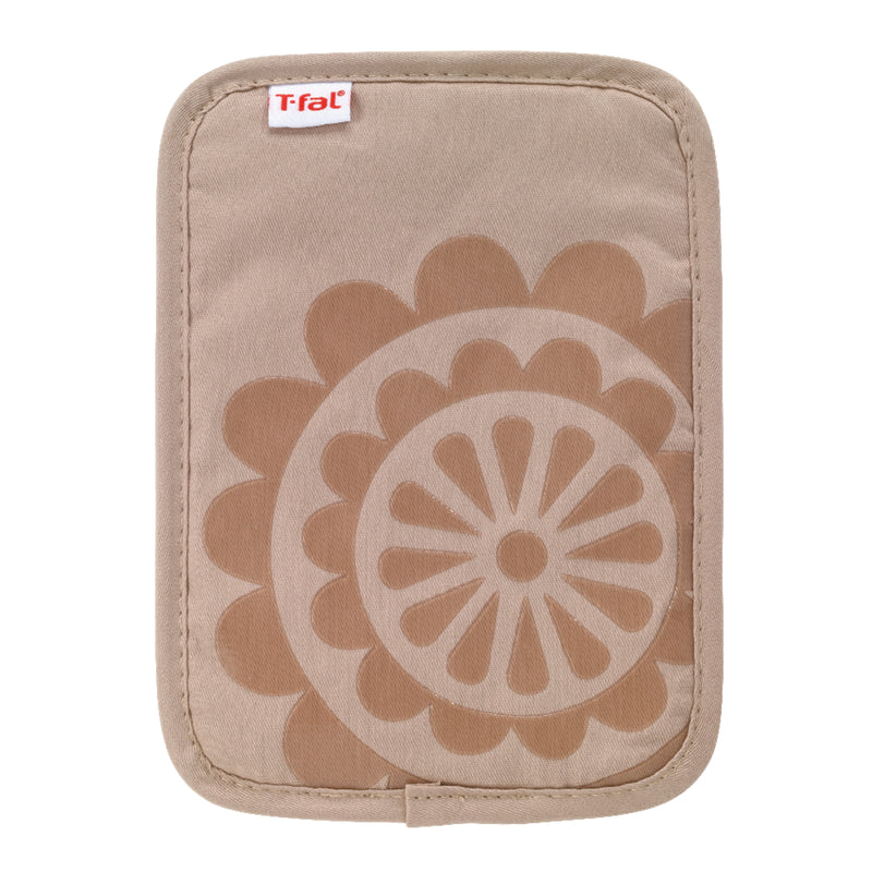 Set of six Emery Jensen pot holders in sandy color, kitchen textile accessories with padded fabric for heat protection.