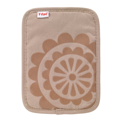 Set of six Emery Jensen pot holders in sandy color, kitchen textile accessories with padded fabric for heat protection.