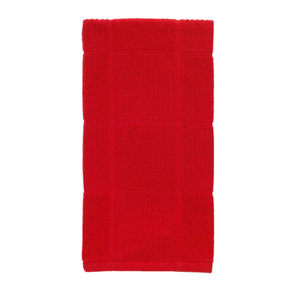 Set of six red Emery Jensen kitchen towels, soft and absorbent kitchen textiles for drying dishes and hands.