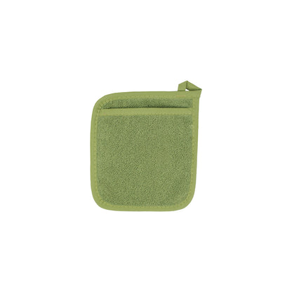 Set of six Emery Jensen cactus-themed pocket mitts, solid color kitchen textiles for cooking and baking.