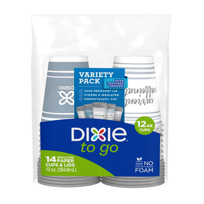 Eight disposable Dixie cups with lids, 12 oz size, from Emery Jensen, stacked with clear plastic lids visible.