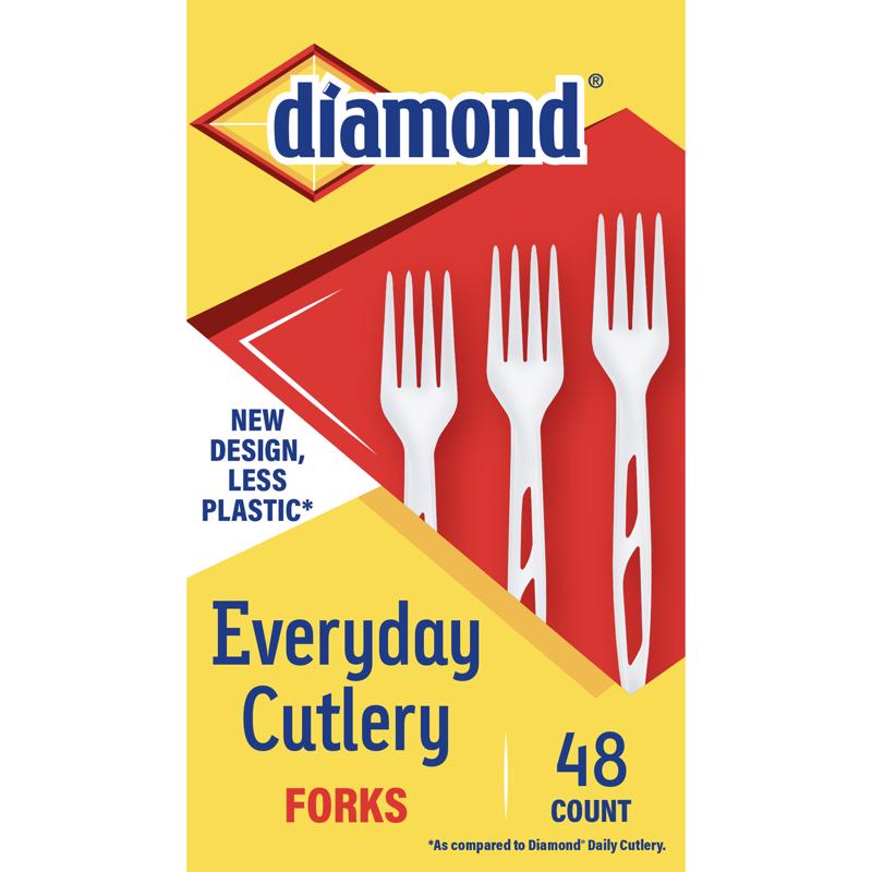 Pack of 48 disposable plastic forks by Emery Jensen, showing 12 sets of lightweight, clear flatware for food service or parties.