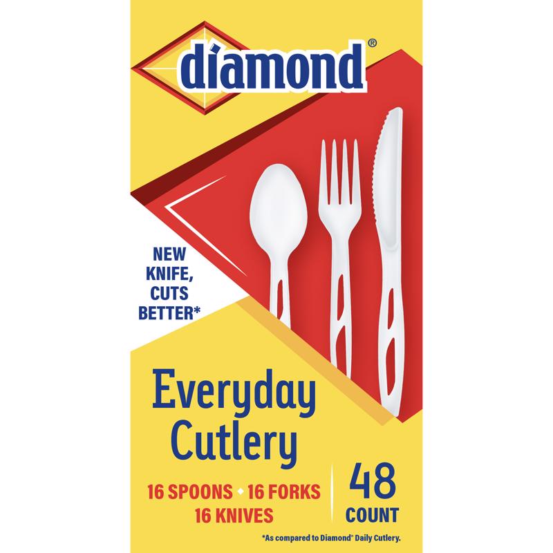 Set of disposable plastic flatware including forks, knives, and spoons in a pack of 48 by Emery Jensen.
