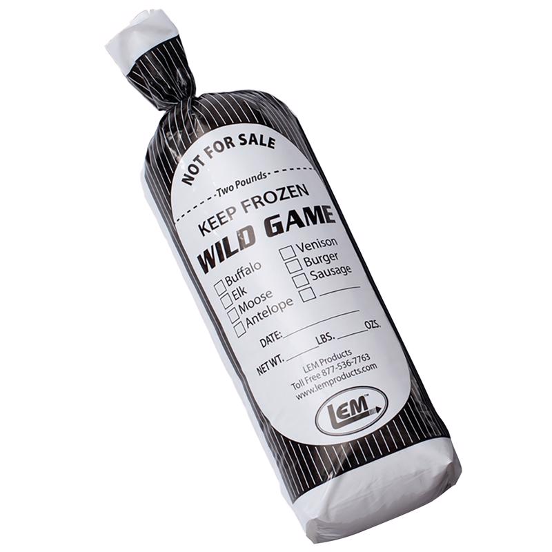Six packs of Emery Jensen Wild Game Freezer Bags, 25-piece sets, suitable for storing and freezing game meat and food.
