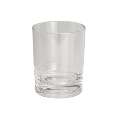 Set of six Emery Jensen BTHRM CUP clear acrylic bath accessories for holding toothbrushes and rinsing in the bathroom.