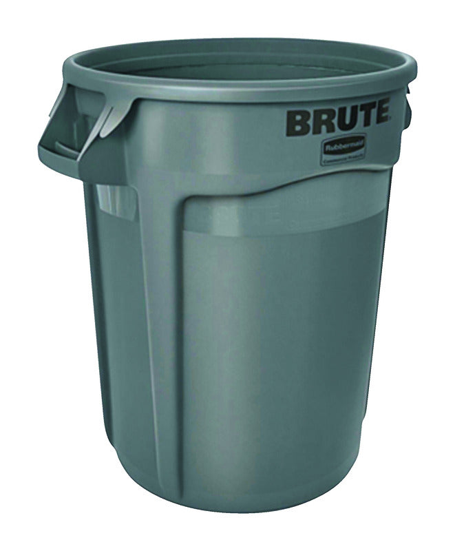 Six Emery Jensen plastic trash cans, 32-gallon BRUTE GRA models, shown in a pack, durable and suitable for commercial waste disposal.