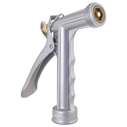 Pack of 10 Emery Jensen metal gun hose nozzles, durable silver hose spray attachments for garden watering and cleaning.