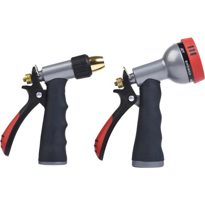 Emery Jensen metal gun hose nozzle set, 2-pack, durable garden watering tools with adjustable spray patterns.
