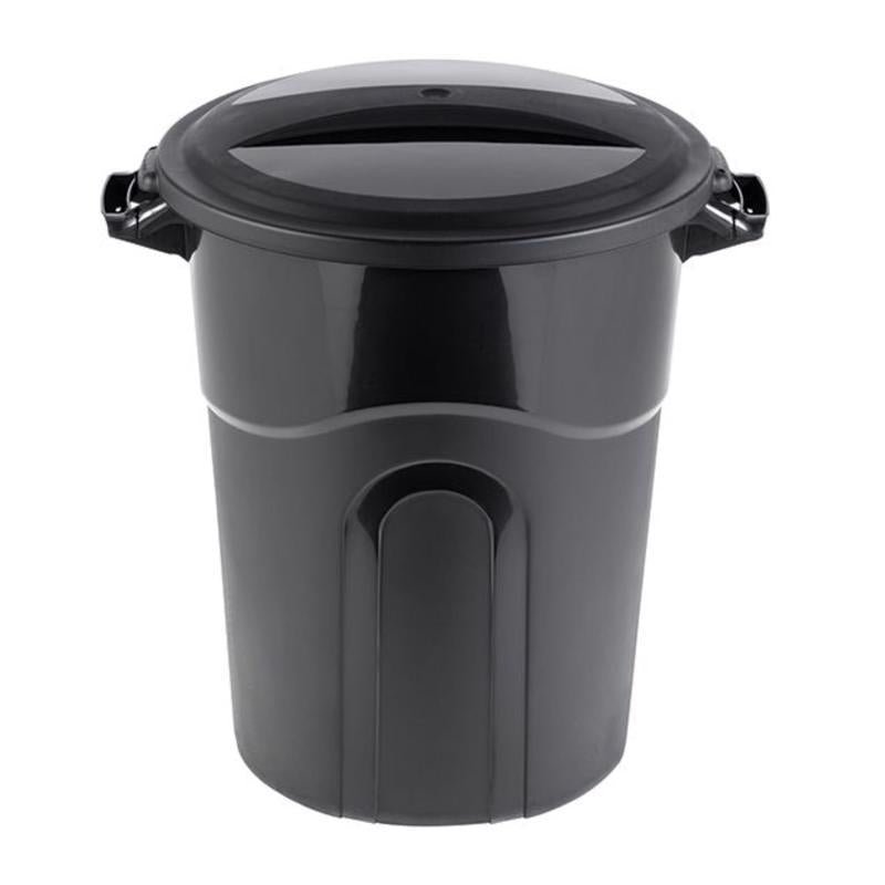 Six black plastic trash cans by Emery Jensen, 20-gallon capacity, shown stacked with lids for waste disposal.
