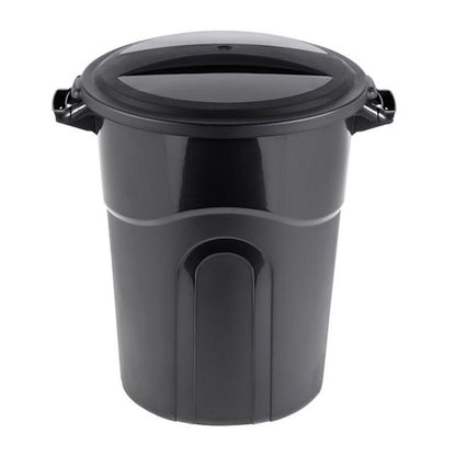 Six black plastic trash cans by Emery Jensen, 20-gallon capacity, shown stacked with lids for waste disposal.