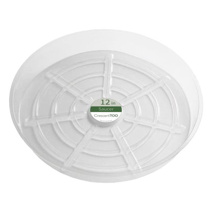 Round 12-inch plastic resin and foam plant saucer in clear, with a pack of 50 Emery Jensen plant saucers on a white background.