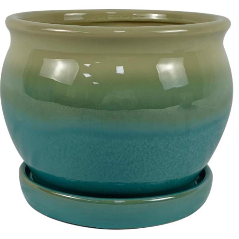 Set of four Emery Jensen PLNTR ARCHDL MOSS 7-inch ceramic and porcelain plant pots with a moss finish, ideal for indoor plants.