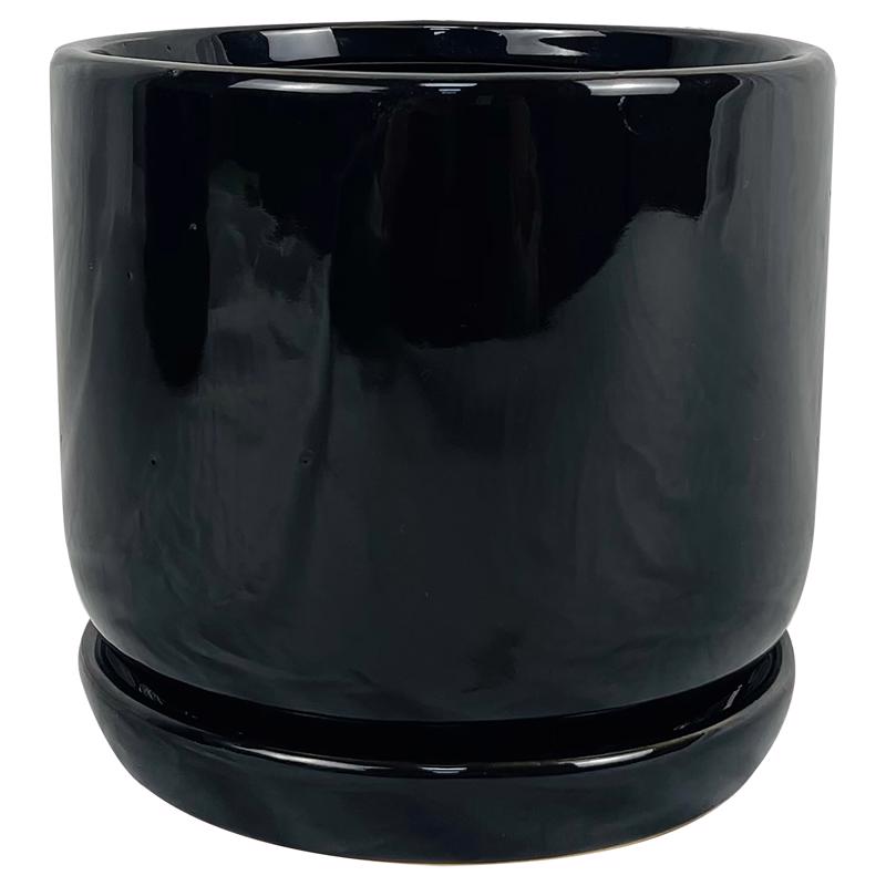 Set of six black ceramic cover pots for plants, 6-inch size, by Emery Jensen, featuring smooth glazed surfaces and rounded edges.
