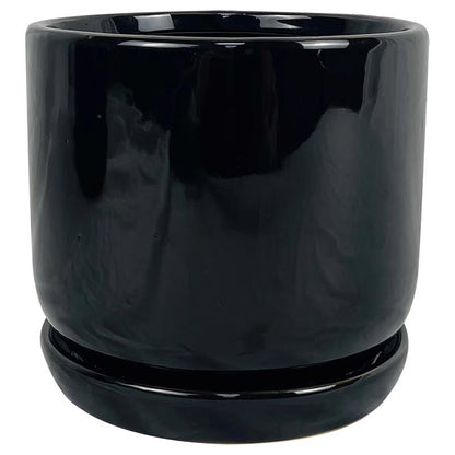 Set of six black ceramic cover pots for plants, 6-inch size, by Emery Jensen, featuring smooth glazed surfaces and rounded edges.