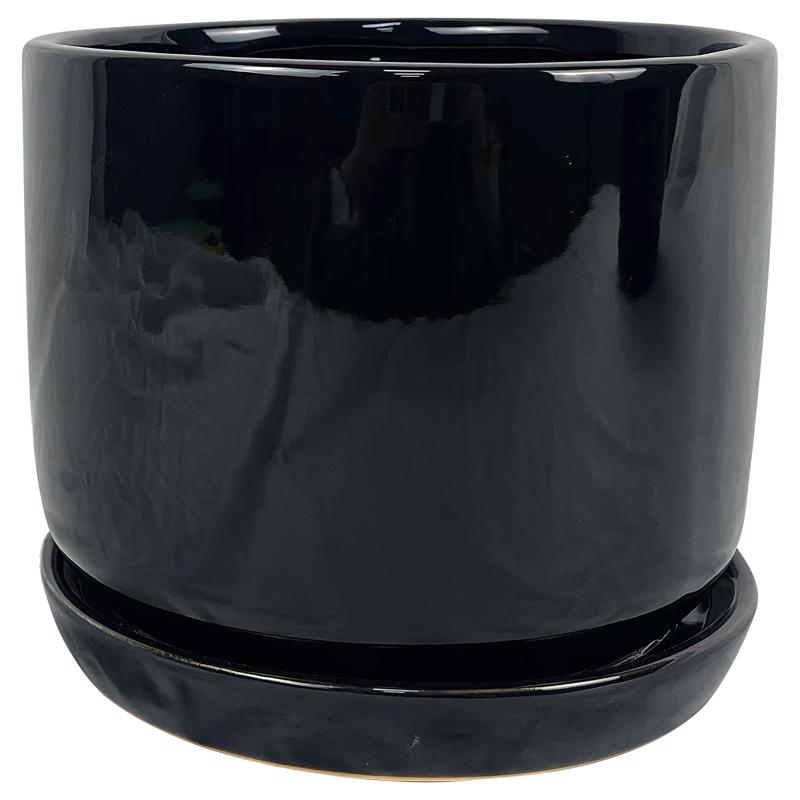 Set of four 8-inch black ceramic and porcelain plant covers by Emery Jensen, designed for decorative indoor plant protection.