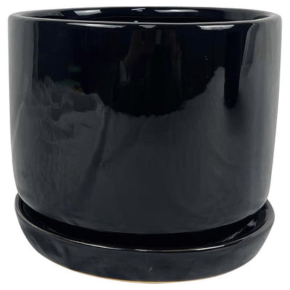 Set of four 8-inch black ceramic and porcelain plant covers by Emery Jensen, designed for decorative indoor plant protection.