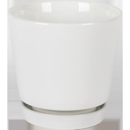 Set of six Emery Jensen 6-inch white ceramic and porcelain planter saucers with flair design, ideal for indoor plants.