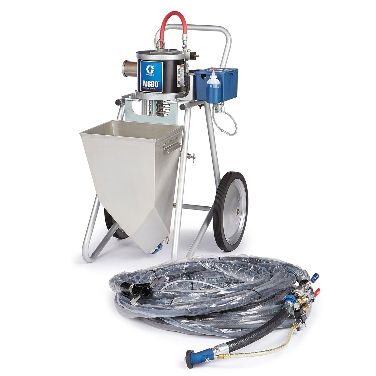 Graco TOUGHTEK piston pump sprayer for mortar with hose and nozzle, complete mortar sprayer package.
