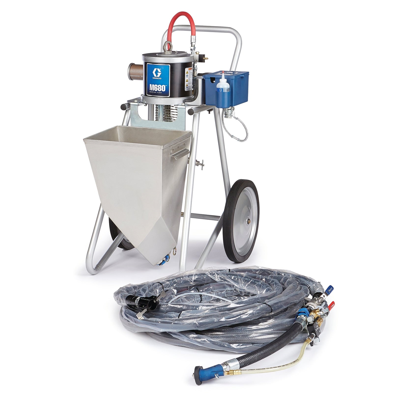 Graco TOUGHTEK piston pump sprayer for mortar with hose and nozzle, complete mortar sprayer package.