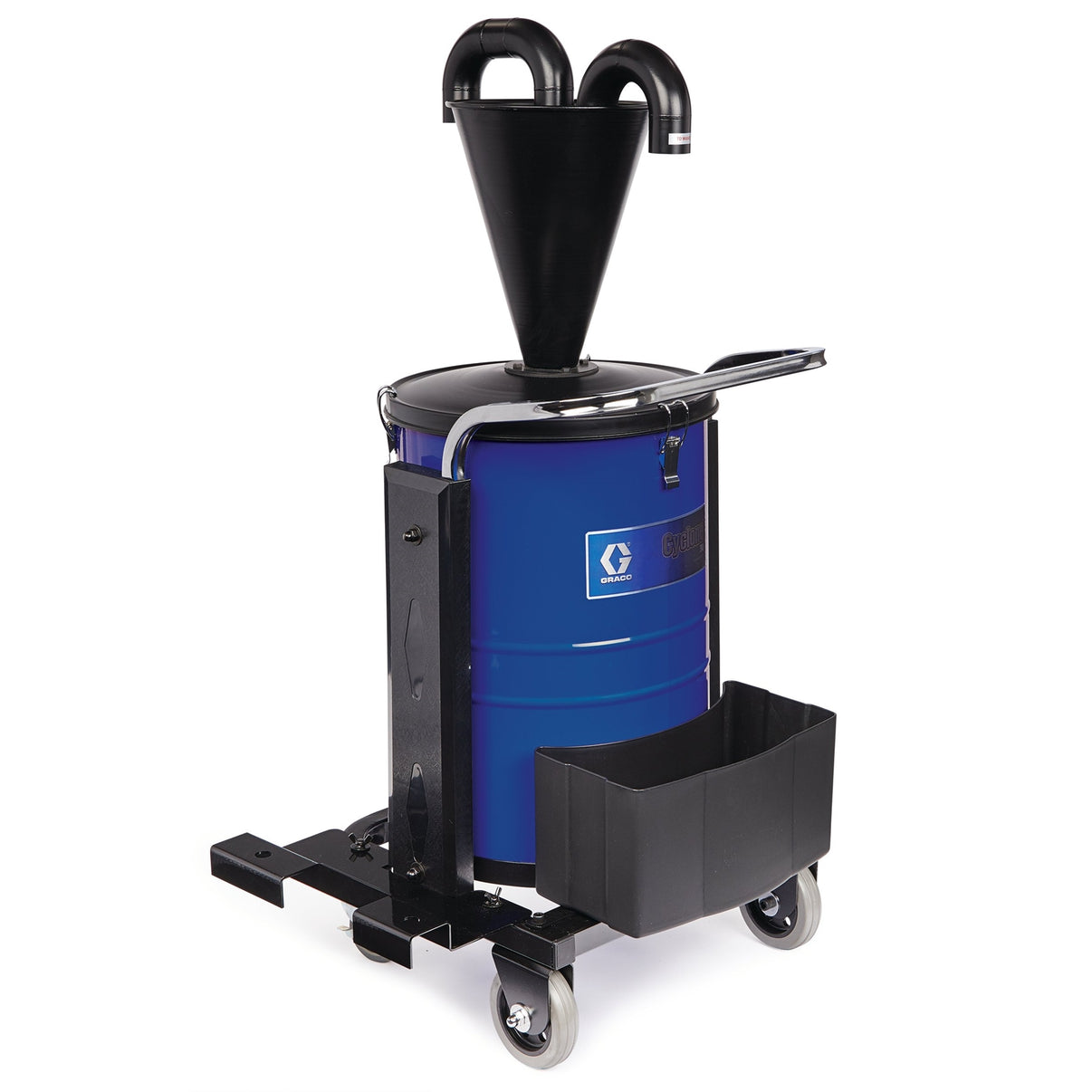 Cyclone 32 grinding vacuum separator by Graco, shows a large industrial drum with piping and control components for material separation.