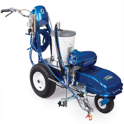 Graco LINELAZER ES1000 line striping sprayer with 230V power and one battery, used for marking lines on surfaces.