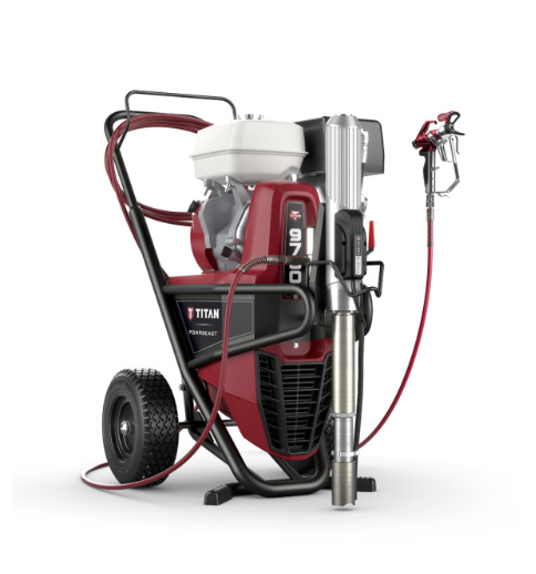 Titan Powrbeast 9700 gas airless sprayer shown in a detailed side view with hoses and control panel visible.