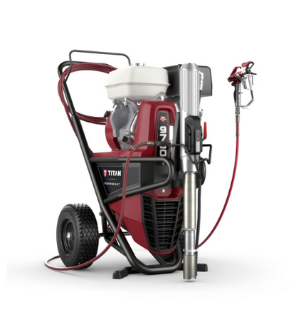 Titan Powrbeast 9700 gas airless sprayer shown in a detailed side view with hoses and control panel visible.