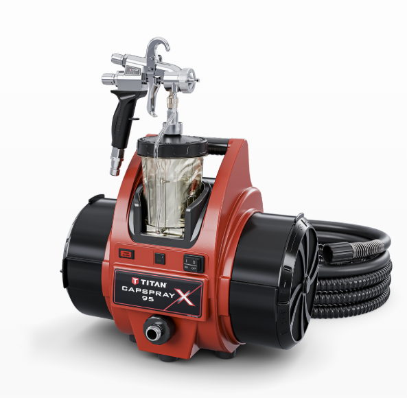 Titan Capspray X95 Maxum HVLP sprayer with capliner, shown in a detailed view of the spray gun and components.