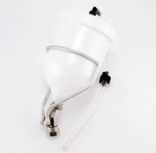 Titan Gravity Cup for HVLP sprayer showing the transparent cup with spray nozzle and fluid level indicator.